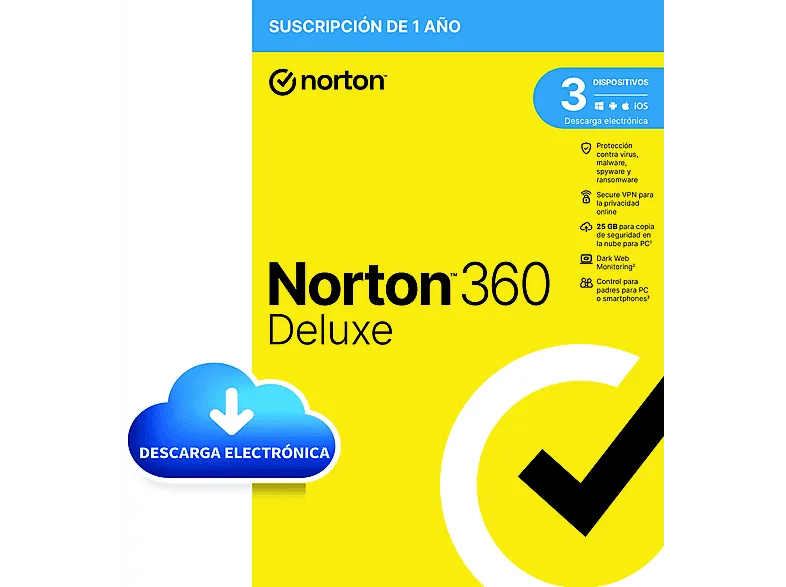 Norton LifeLock 360 Deluxe 25GB, 3 dispositivos, 1 año (Código de descarga)