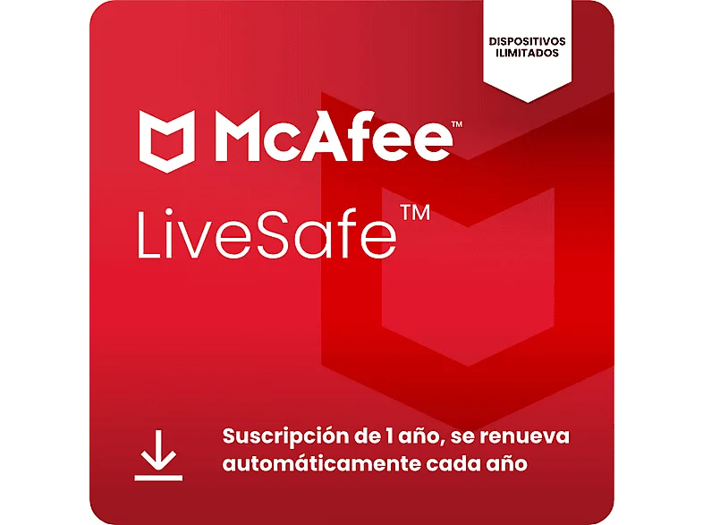 Antivirus - McAfee®+ LiveSafe, Seguridad en Internet para dispositivos ilimitados, Suscripción 1 año, Código de descarga (Renovación automática)