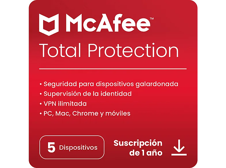 Antivirus - McAfee® Total Protection, Seguridad en Internet para 5 dispositivos, Suscripción 1 año, Código de descarga