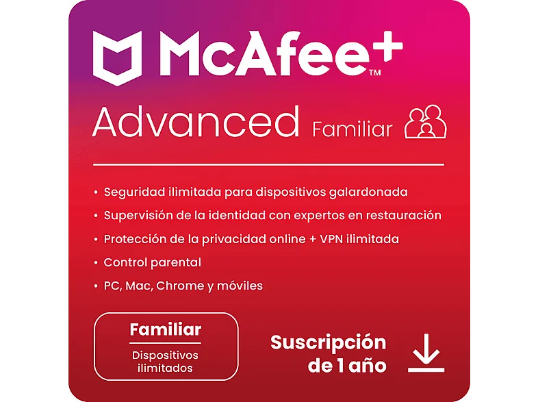 Antivirus - McAfee®+ Advanced Familiar, Seguridad Internet, Dispositivos ilimitados, Suscripción 1 año, Código descarga