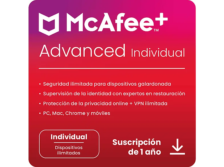 Antivirus- McAfee®+ Advanced Individual, Seguridad Internet, Dispositivos ilimitados, Suscripción 1 año, Código descarga