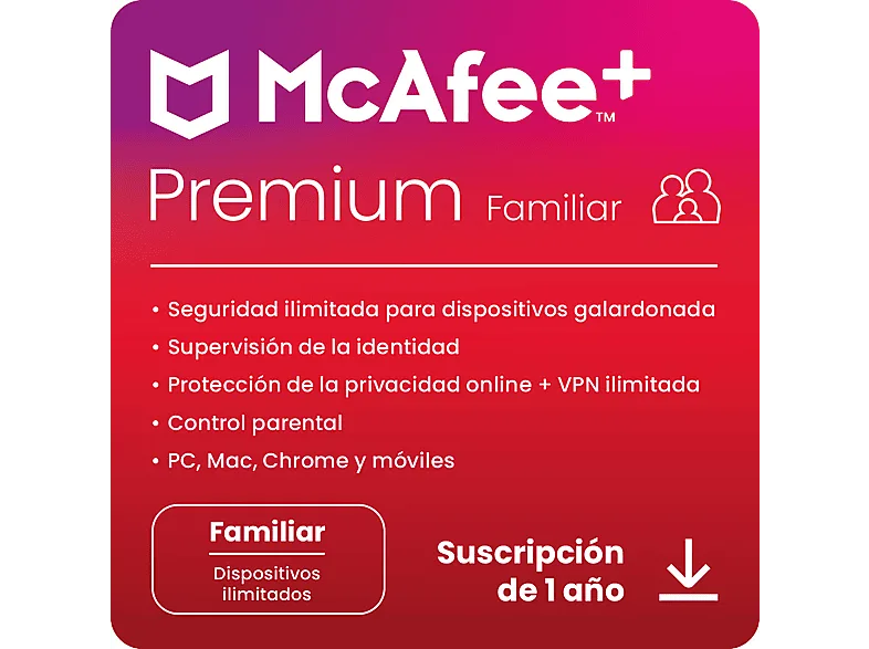 Antivirus - McAfee®+ Premium Familiar, Seguridad Internet, Dispositivos ilimitados, Suscripción 1 año, Código descarga
