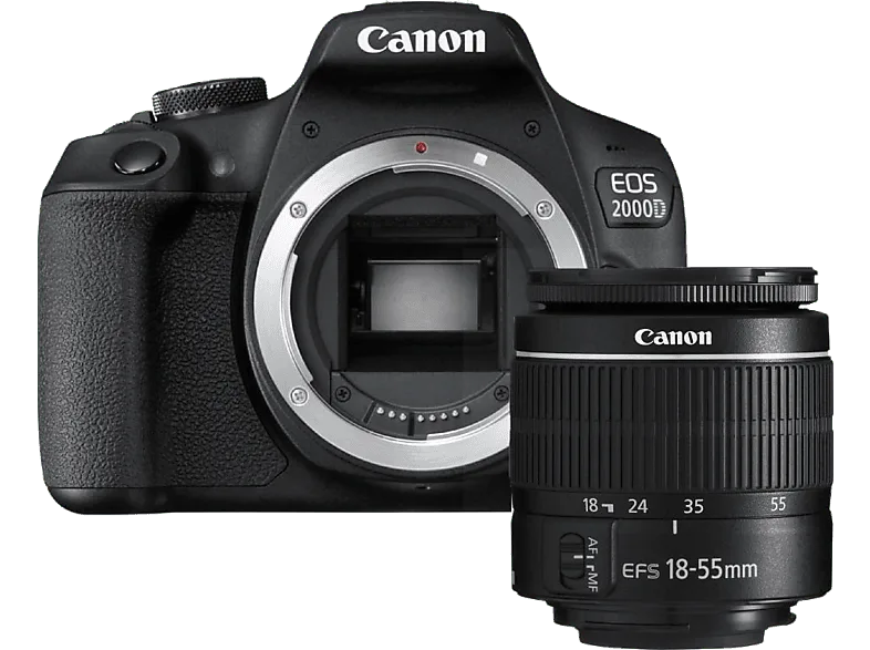 Kit cámara réflex - Canon EOS 2000D, 24.1 MP CMOS APS-C, Vídeo Full HD, Negro + Objetivo EF-S 18-55 mm f/3.5-5.6 DC III