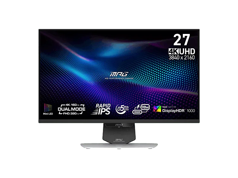 Monitor gaming - MSI MPG 274URDFW E16M, 27" UHD 4K, 320/160 Hz, 0.5 ms, IPS, Altura Ajustable, Mini LED, Blanco