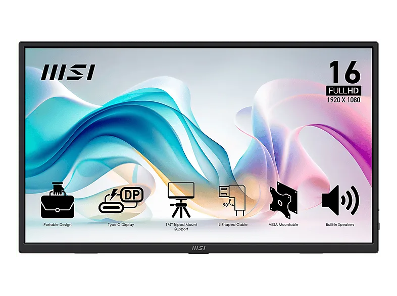 Monitor portátil - MSI PRO MP165 E6, 15.6 " Full-HD, 60 Hz, 4 ms GtG, IPS Altavoces Incorporados, Negro