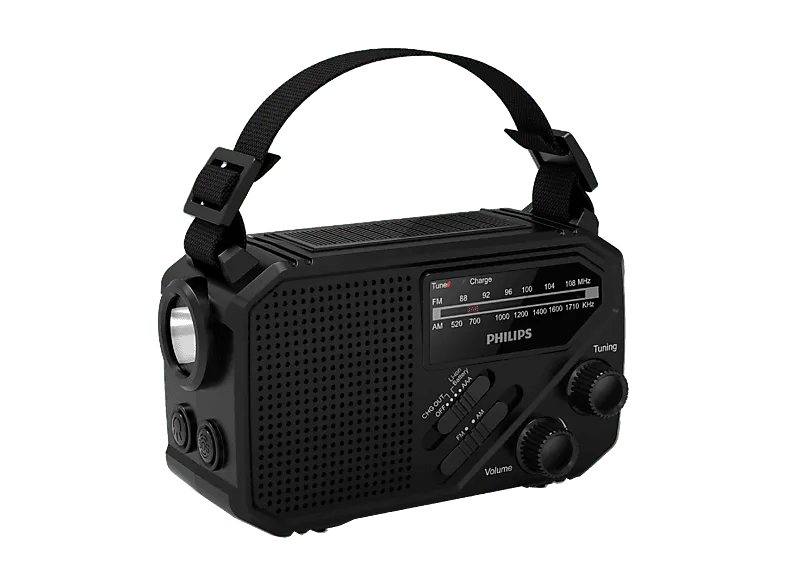Radio portátil - Philips TAR1609/00, 1 W, Linterna, Recarga Solar, Cargador de Manivela, Sirena, Negro