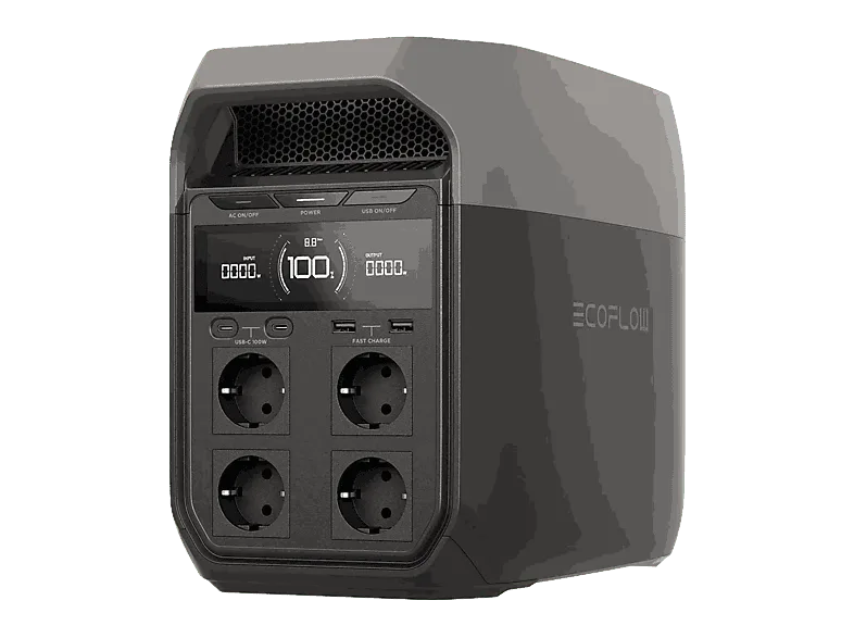 Estación de energía - EcoFlow Delta 3, 1800 W, 1024 Wh, IP65, 2x USB-C, USB-A, 4x CA, 1x CC, Wi-Fi, Bluetooth, Negro