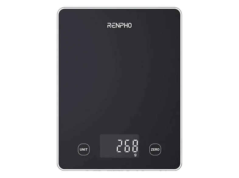Balanza de cocina - Renpho PEU-R-T001-BK, Pesa Hasta 5 kg, Vidrio templado mm, Bluetooth, Pantalla LED, Negro