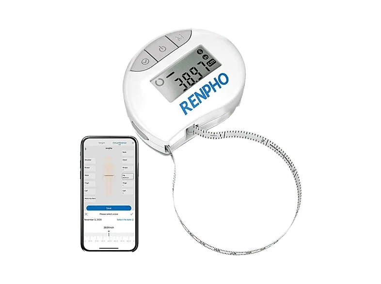 Cinta métrica corporal inteligente - Renpho Smart Tape Measure, 13 medidas preestablecidas, Gancho retráctil de bloqueo, Blanco