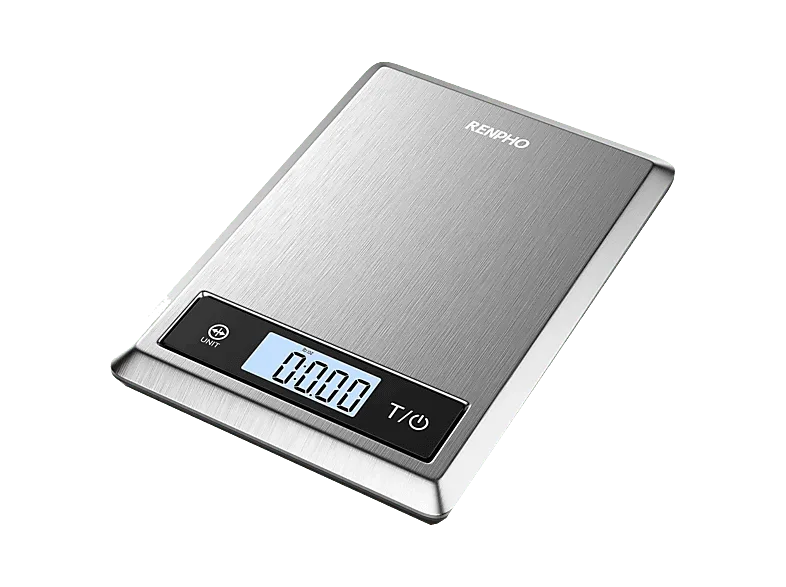 Balanza de cocina - Renpho PEU-ES-SNS01-SL, Pesa Hasta 5 kg, Vidrio templado mm, Bluetooth, Pantalla LED, Plata