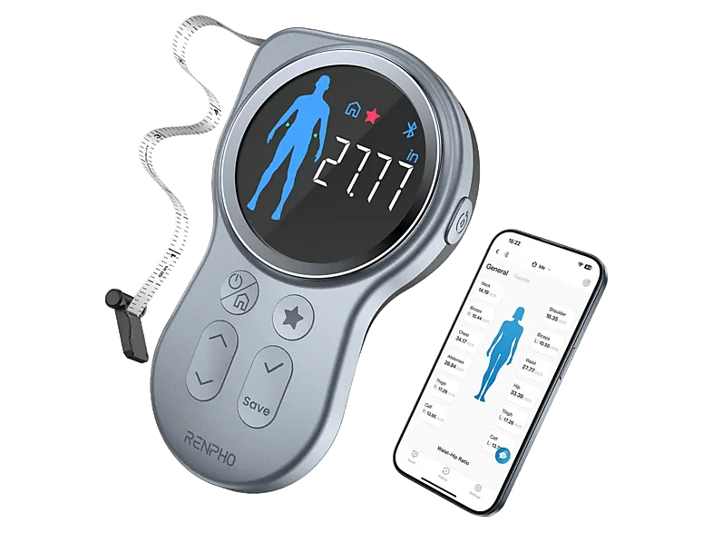 Cinta métrica corporal inteligente - Renpho PEU-R-Y002-BK, Bluetooth, Medición personalizada de partes del cuerpo, Gris