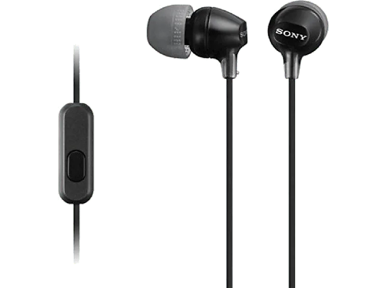 Auriculares de botón - Sony MDR-EX15APB, Con micrófono, Jack 3,5 mm, 8Hz 22000Hz, 100dB/mW, Tapones silicona, imán neodimio, Negro