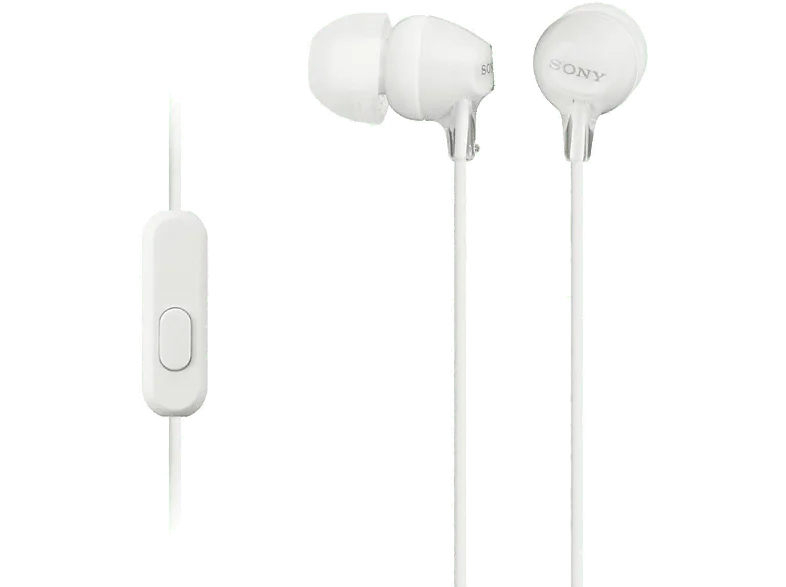 Auriculares de botón - Sony MDR-EX15APW, Con micrófono, Jack 3,5 mm, 8Hz 22000Hz, 100dB/mW, Tapones silicona, imán neodimio, Blanco
