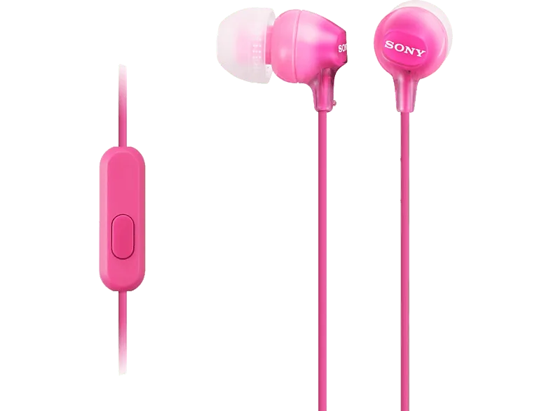 Auriculares de botón - Sony MDR-EX15APPI, Con micrófono, Jack 3,5 mm, 8Hz 22000Hz, 100dB/mW, Tapones silicona, imán neodimio, Rosa