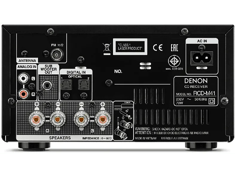 Microcadena - Denon D-M41, 60W, 2 vías, Control de tono, Bluetooth, Plata y marrón