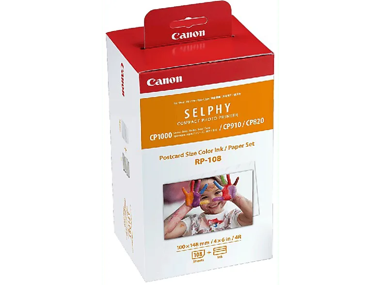 Papel fotográfico - Pack de tinta color y papel Canon RP-108, Para Selphy CP, 100x148mm (108 hojas), Blanco