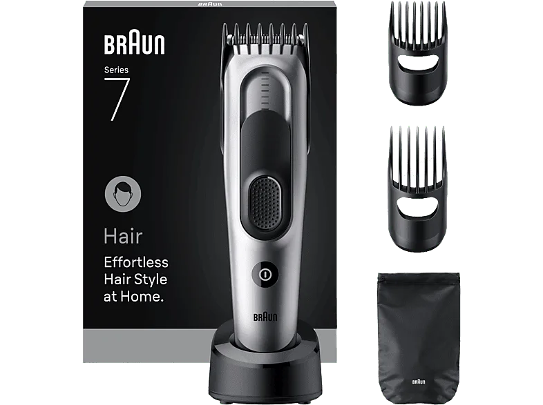 Cortapelos - Braun Series 7 HC7590, Memoria SafetyLock, 17 ajustes de longitud, 2 peines, Base carga, 50 min autonomía , Gris