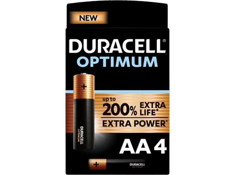 Pilas AA - Duracell Optimum, 4 Unidades, 1.5 V LR6 / MX1500, Negro