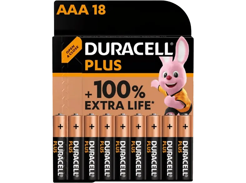 Pilas AAA - Duracell PLUS MN2400 LR03 / LR3, Alcalinas , 1.5 V, Paquete de 18 pilas, Negro