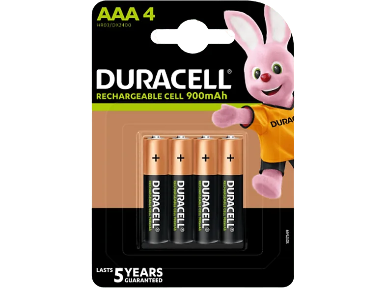 Pilas AAA recargables - Duracell LR03 / LR3, 850mAh, Paquete de 4, Negro