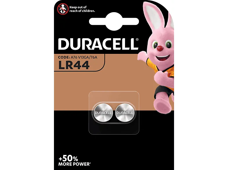 Pilas botón - Duracell LR44, 2 unidades, 1.5 V 76A/A76/V13GA, Negro