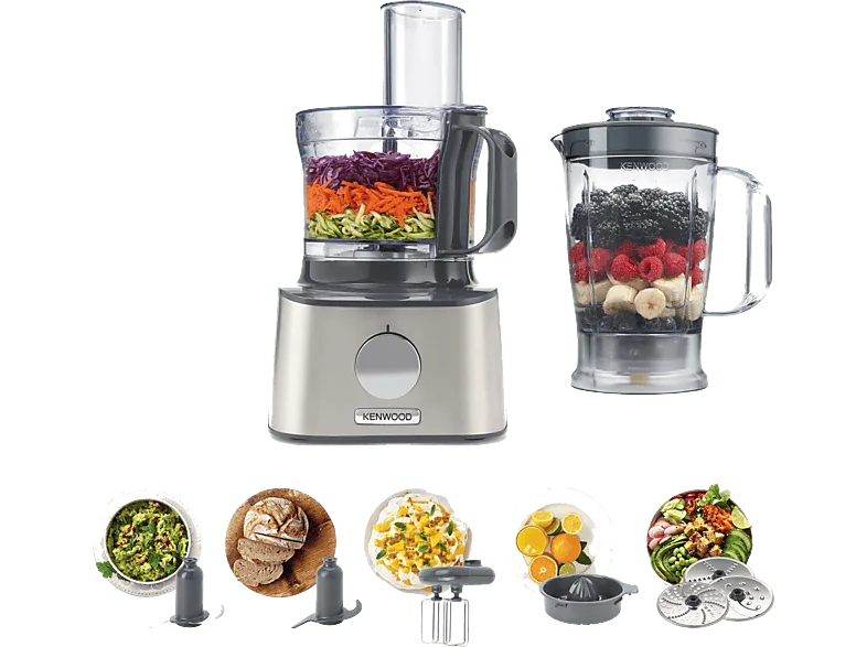 Procesador de alimentos - Kenwood Multipro Compact FDM301SS, 800W, Capacidad 2.1 l, 5 Funciones, 2 Velocidades, discos acero inoxidable, Plata