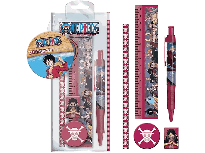Pack papelería - One Piece: bolígrafo, lápiz, sacapuntas, borrador y regla de 15 cm