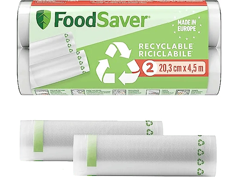 Bolsas de envasado - FoodSaver FSRE2002X-01, Plástico mixto, 2 rollos, 20.3x4.5cm, Apto para congelar y cocer, Transparente