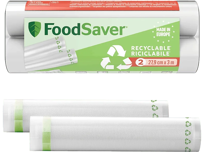 Bolsas de envasado - Foodsaver FSRE2802X , Plástico reciclable, 2 rollos, Transparente