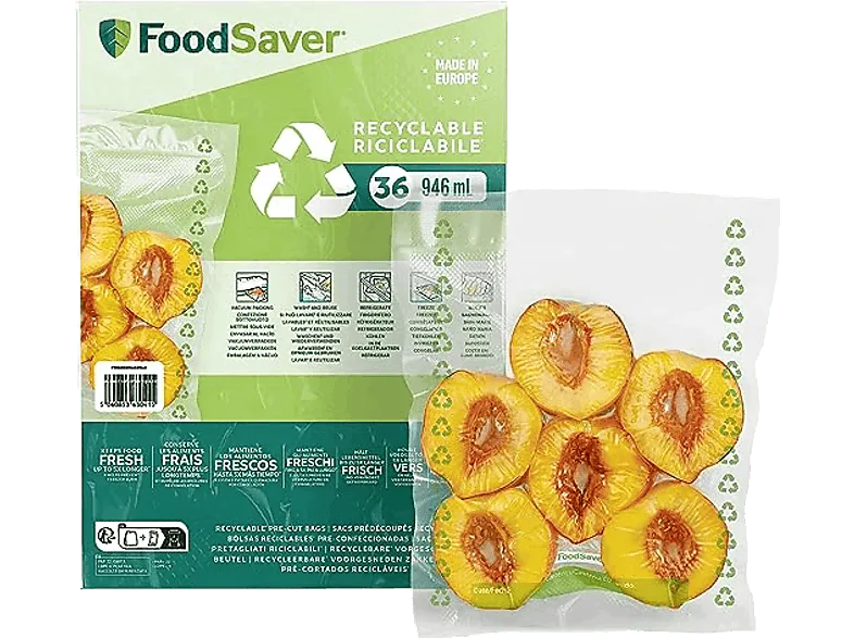 Bolsas de envasado - Foodsaver FSBE4802X-01, Plástico mixto, 0.97l, 36 bolsas, Aptas para congelar y cocer, Transparente