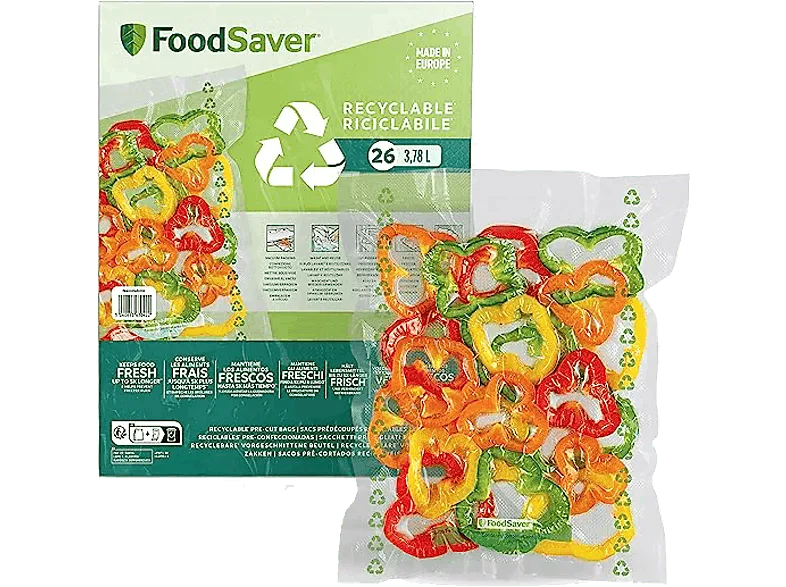 Bolsas de envasado - Foodsaver FSBE3202X-01, Plástico mixto, 26 bolsas, 3.78 l, Aptas para congelar y cocer, Transparente