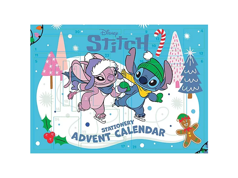 Calendario de adviento - Sherwood Stitch Disney, 24 sorpresas artículos papelería, Packaging ilustrado con actividades recortables