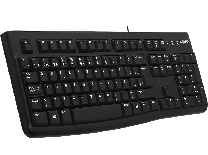 Teclado - Logitech K120, USB, Ultrafino, Patas ajustables, Resistente a salpicaduras, numérico, Windows, Negro