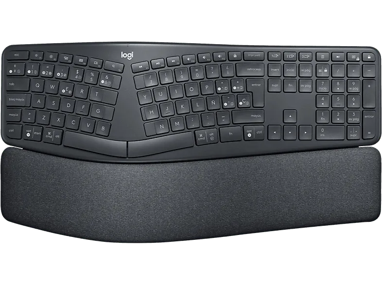 Teclado inalámbrico - Logitech ERGO K860, Bluetooth, Reposamanos, Teclas personalizables, numérico, Patas ajustables, Negro