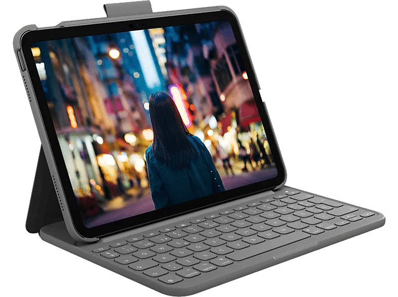 Funda con teclado - Logitech Slim Folio, para iPad (10ª generación y A16), Bluetooth, Resistente a golpes, Teclas de accceso directo, Gris