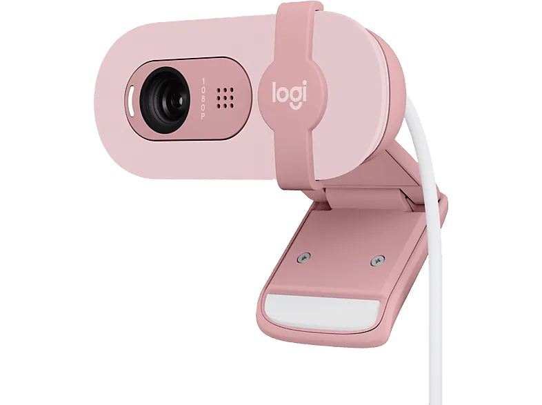 Webcam - Logitech Brio 100, Iluminación automática, Full HD 1080p, USB, Micrófono omnidireccional integrado, Tapa de privacidad, PC-Mac, Rosa