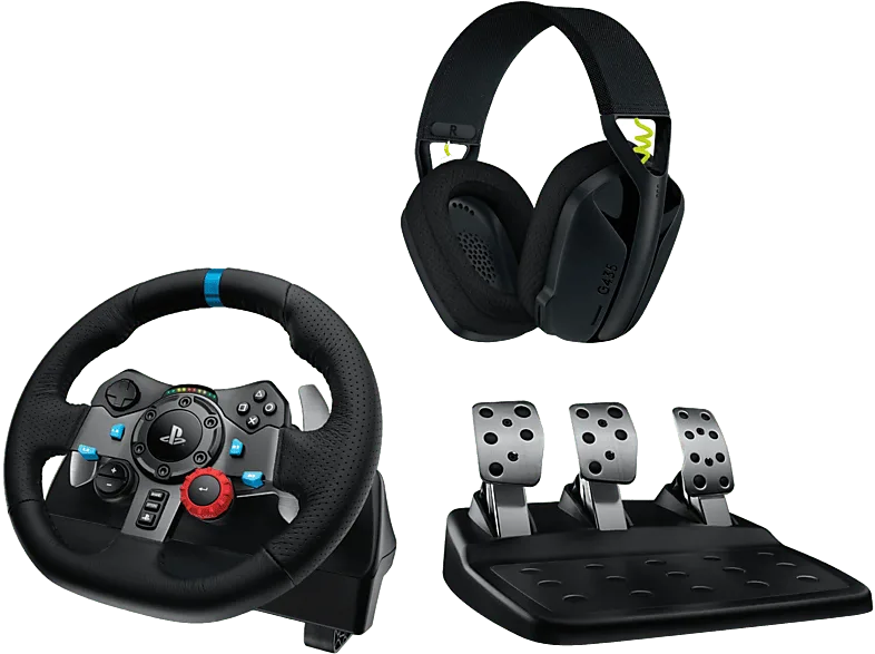 Volante - Logitech G G29 + Auriculares gaming G435, Force Feedback, Pedales, PS5, PS4, PC, Micrófono, Bluetooth, Inalámbricos, Negro
