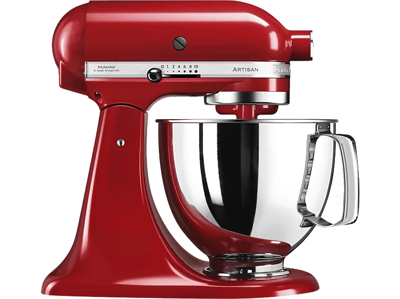 Robot amasador - KitchenAid Artisan 5KSM125EER, 300W, 4.8 l, Hasta 220 rpm, 4 accesorios, Rojo