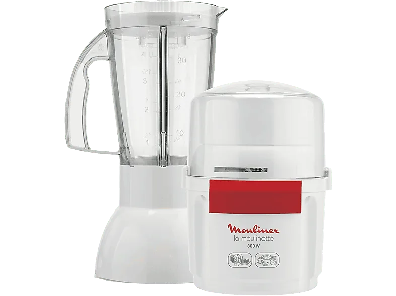 Batidora de vaso - Moulinex La Moulinette AR6801, Picadora y batidora, 800 W, 0.75 L, Cuchillas extraíbles acero inoxidable, Blanco