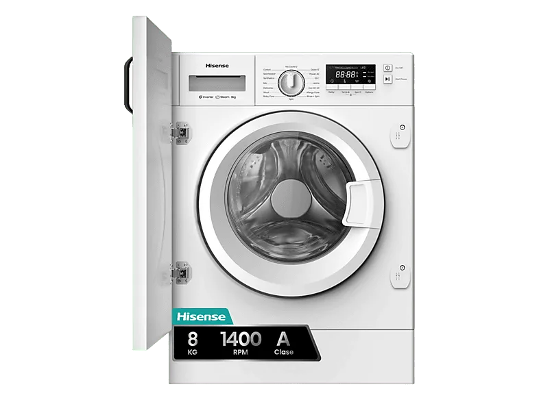 Lavadora integrable - Hisense WF3M841BWIES, 8 kg, 1400 rpm, 15 programas, Secado Allergy Care, Clase A, Sin Panelar