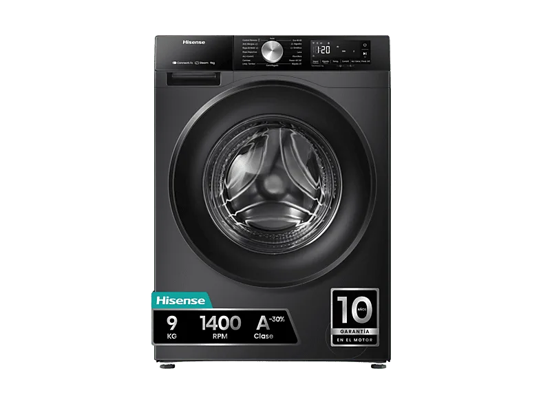 Lavadora carga frontal - Hisense WF3S9043BB3, 9 Kg, 1400 rpm, 14 programas, WiFi&Bluetooth, Clase A-30% Negro