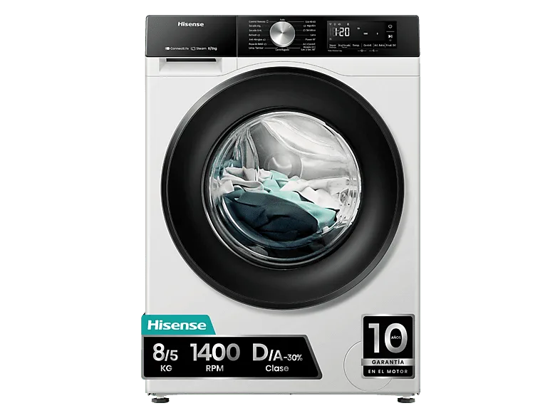 Lavadora secadora - Hisense WD3S8043BW3, 8 kg/5 kg, 1400 rpm, 16 programas. Clase A-30%, WiFi, Blanco