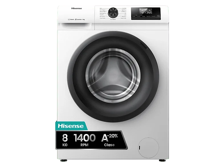 Lavadora carga frontal - Hisense WF1Q8041BW, 8 kg, 1400 Rpm, Función Vapor, Eficiencia A-20%, Blanco