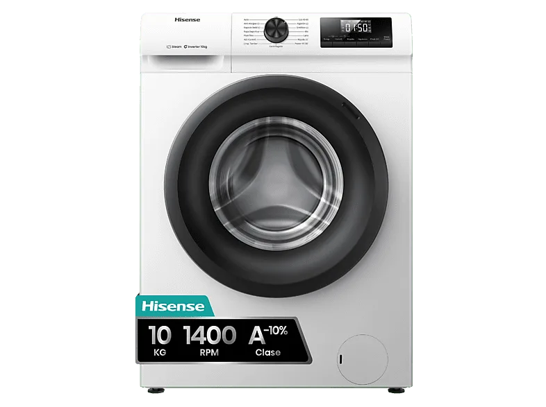 Lavadora carga frontal - Hisense WF1Q1041BW, 10 kg, 1400 Rpm, Función Vapor, Eficiencia A-20%, Blanco (imagen 1 de 3)