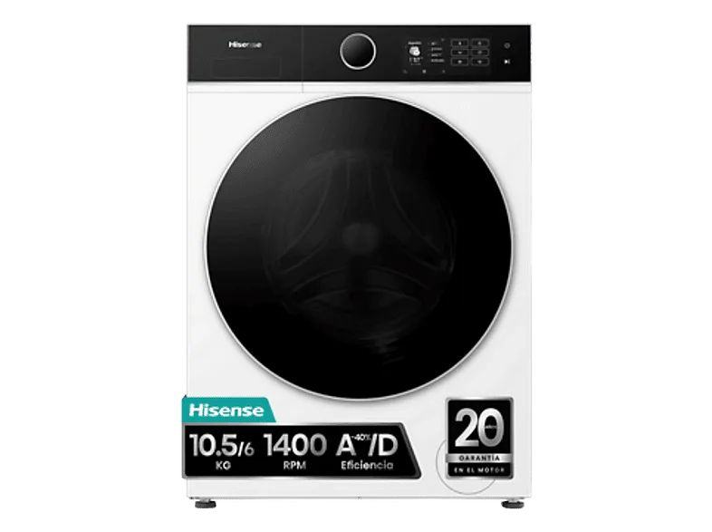 Lavadora secadora - Hisense WD5I1045BWQ, 10.5/6 Kg, iFit, WiFi, Programa especial mascotas, Blanco