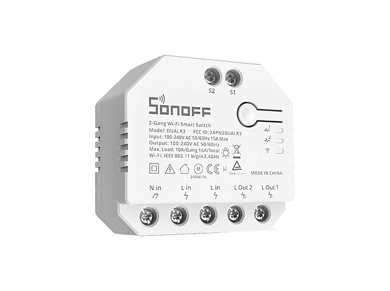 Interruptor inteligente - Sonoff DUALR3, Dos vías con Relé Dual, 15A, Wi-Fi, Blanco