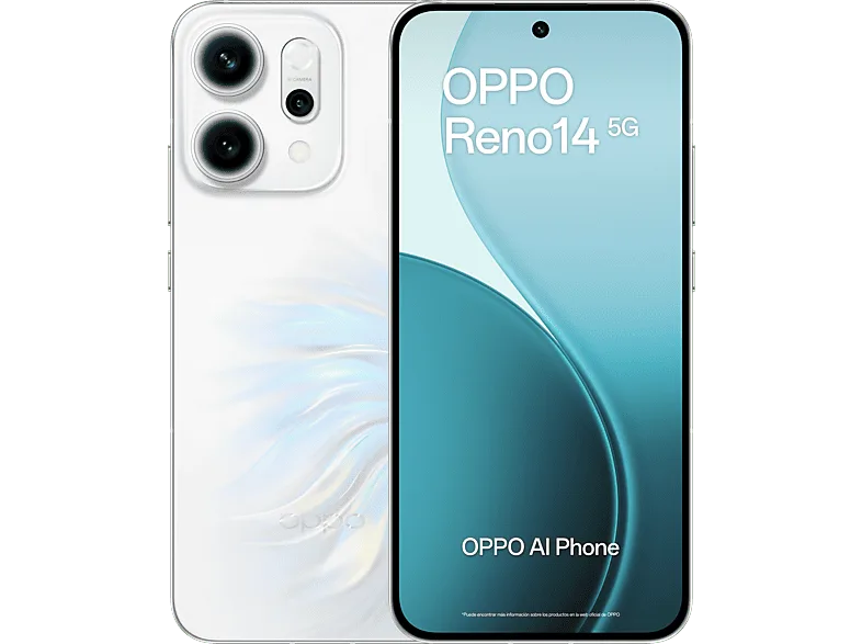 Móvil - OPPO Reno14, Opal White, 256 GB, 12 GB RAM, 6.59 " 2.5D AMOLED, Mediatek Dimensity 8350 (4nm), 6000 mAh, IP69 – Opal White