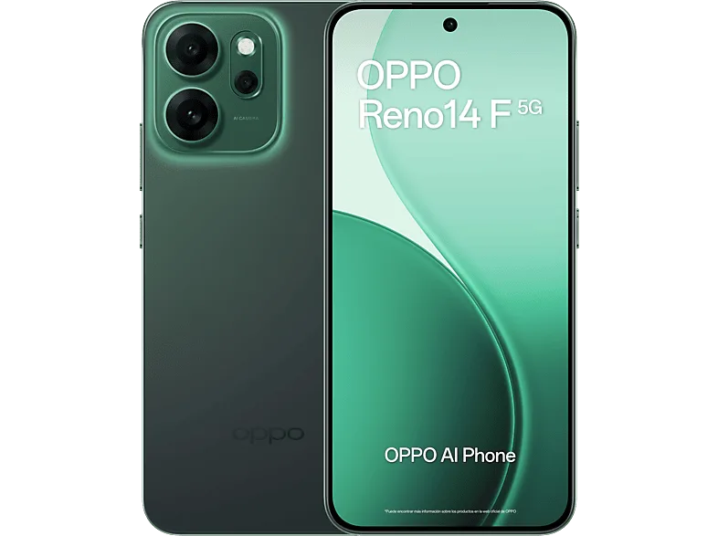 Móvil - OPPO Reno14F, Luminous Green, 256GB, 8GB RAM, 6.57" 2.5D AMOLED, Snapdragon® 6 Gen 1 (4nm), 6000mAh