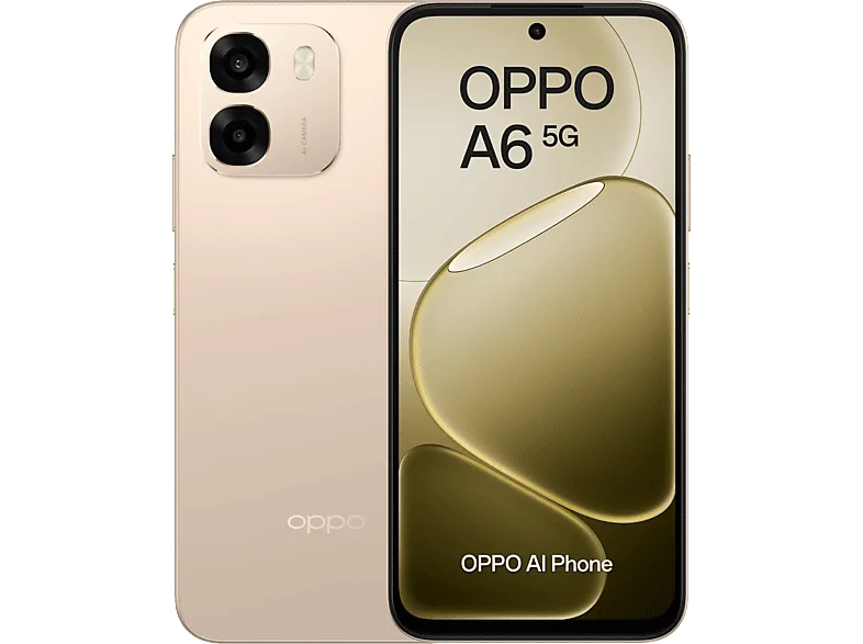 Móvil - OPPO A6 5G, Aurora Gold, 256 GB, 6 GB RAM, 6.75" LCD, Mediatek Dimensity 6300 (6nm), 6.500mAh – Aurora Gold