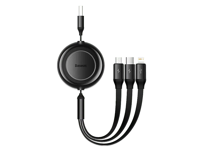Cable USB - Baseus 3-en-1 Bright Mirror, retráctil 110 cm, Carga rápida multidispositivo, USB-Lightning-Tipo-C-Micro, 66W, Negro